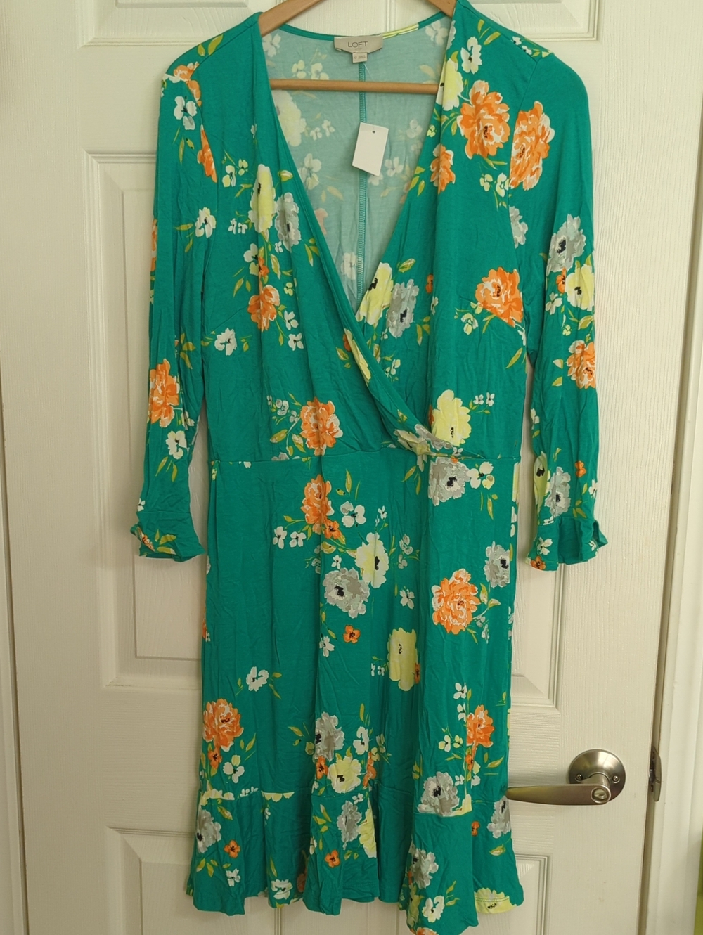 LOFT Teal Floral Wrap Midi Dress